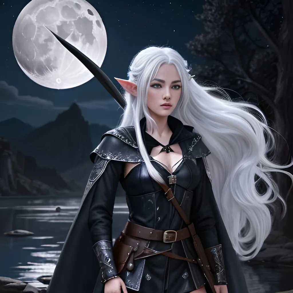 Prompt: Female elve, Girl, moonshine, long white hair, pointy ears, outlaw, thief, beautiful, blue eyes, small nose, fight stick, bow, silvery black clothing, lake, night, moon, medieval, fantasy, digital painting,  digital illustration,  extreme detail,  digital art,  4k,  ultra hd