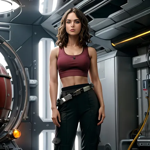 Prompt: keira knightley, spaceship, science fiction, mechanic, spacecraft, hair knott, dirty face, blushing, crop top, bellybutton, workpants