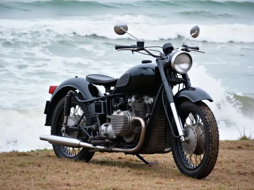 Prompt: a motorcycle parked on sany brach with large waves