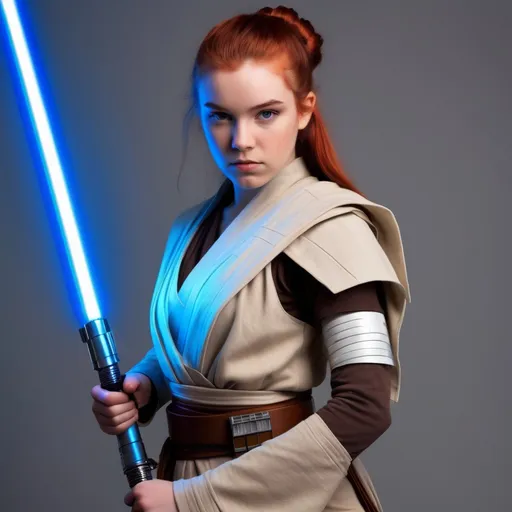 Prompt: A jedi, who is wearing light armor, with 2 blue lightsabers 
She's a 20-year-old British girl whose hair is red and long and straight 