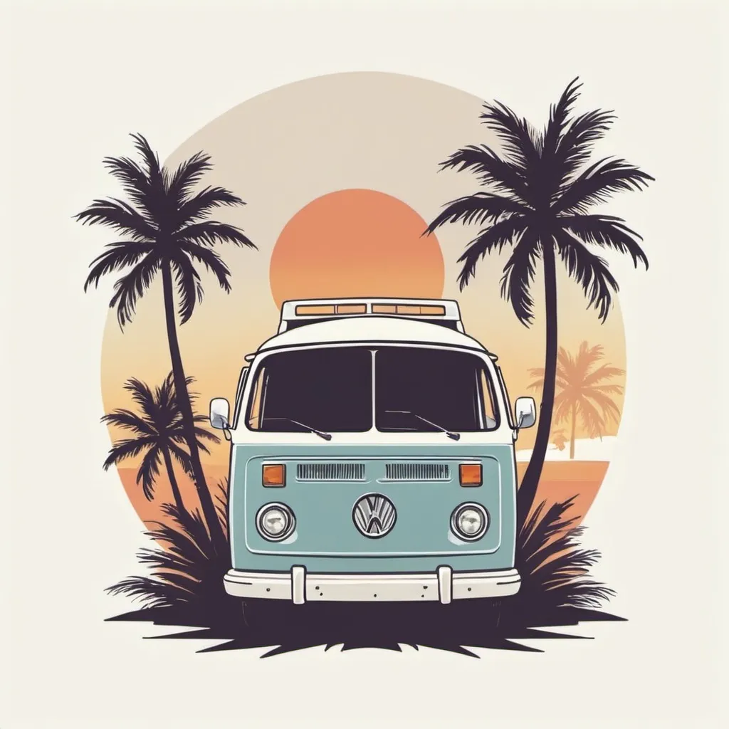 Prompt: Illustrated T-shirt design of flat vintage van with palm trees, vector, solid white background, simple color palette