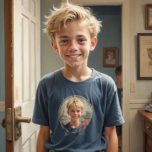 Prompt: Realistic portrait of a 12-year-old boy with messy blonde hair, wearing a t-shirt and shorts, barefoot, sneaky smile on his face. Inspired by the style of Norman Rockwell, known for capturing everyday American life in his illustrations. Soft lighting, detailed features and clothing.