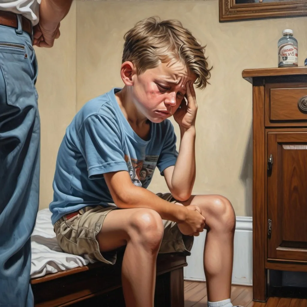 Prompt: Realistic oil painting of a 10-year-old boy wearing short 80s shorts, crying and being disciplined by his parents, highly detailed with intricate brushstrokes reminiscent of Norman Rockwell's style, dramatic lighting and composition.