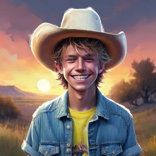 Prompt: Detailed digital painting of a 12-year-old boy with blonde, messy hair wearing a cowboy hat and denim shorts on a ranch. The vibrant colors of the sunset sky are reflected in his bright smile as he looks towards the camera. Art style inspired by Ross Tran and Loish, realistic but with a touch of whimsy. (Concept art, digital painting, trending on Instagram)