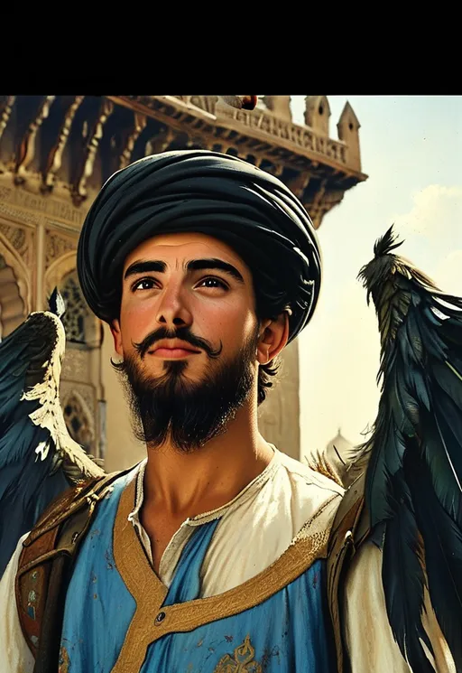 Prompt: A handsome young Arab Andalusian from the tenth century AD. He has an elegant beard. He wears Arab clothing. He attaches two wings made of wood and cloth to his back. Trying to fly. Standing on top of a minaret. People looked at him in amazement from below in front of the mosque.