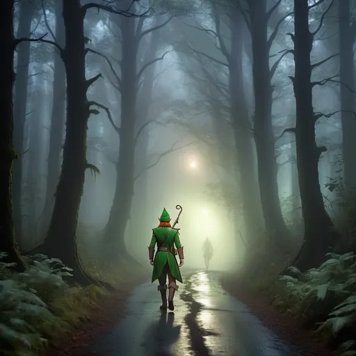 Prompt: Elf ranger in a "A dark, misty forest road at night, with towering trees and fog swirling around. The scene should have a haunting, mysterious atmosphere with barely visible road signs." forest around sunlight