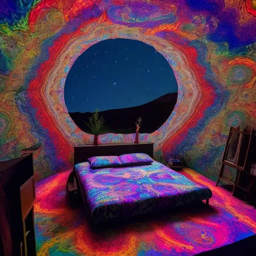 Prompt: psychedelic bed at night under a silver moon
