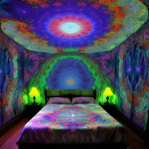 Prompt: psychedelic bed at night under a silver moon
