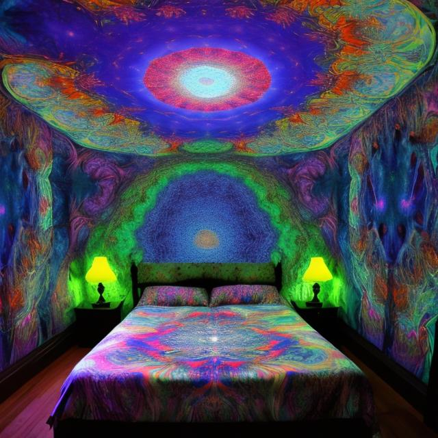 Prompt: psychedelic bed at night under a silver moon
