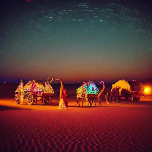 Prompt: psychedelic desert caravan at night on camels with women slaves playing guitars under the moon