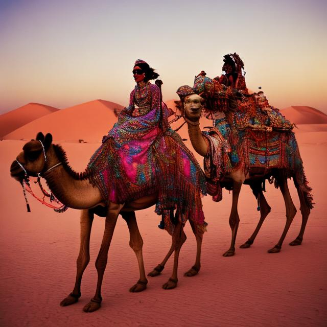Prompt: psychedelic desert caravan on camels with women slaves under the moon