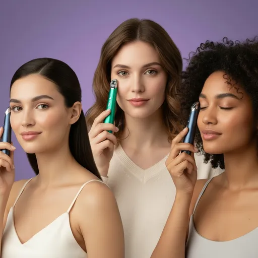 Prompt: Erstelle mir so ein bild aber das 3 frauen drinnen sind auch so ein eye massager gerät wie das im bild halten aber mit anderen positionen und eine soll das gerät in grün haben. Es soll wie so ein werbebild für das produkt werden