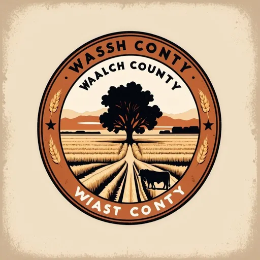 Prompt: Design a retro-themed logo for a fictional national park called 'Walsh County.' Incorporate iconic natural elements such as a wheat field, an oak tree, cows, and Canadian geese along with retro design elements like vintage badges, rustic typography, and weathered textures. Use a color palette inspired by vintage national park posters, with earthy tones and vibrant accents to evoke a sense of adventure and nostalgia for the great outdoors.