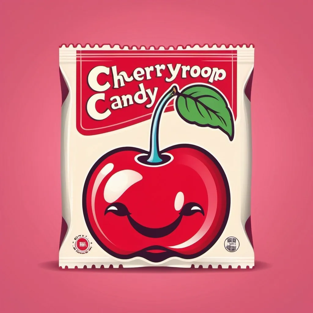 Prompt: a package logo of cherry gumdrop  candy, simple, vector, kitschy, vintage, retro