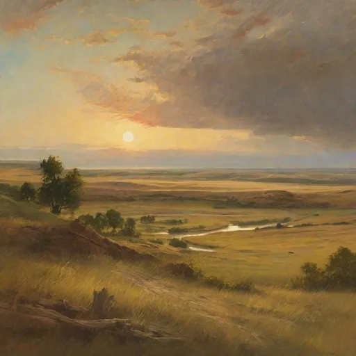 Prompt: Landscape painting of plains in North Dakota,  in the style of Jasper Francis Cropsey