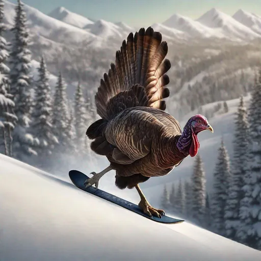 Prompt: Wild turkey on a snowboard going down a hill, photo realism