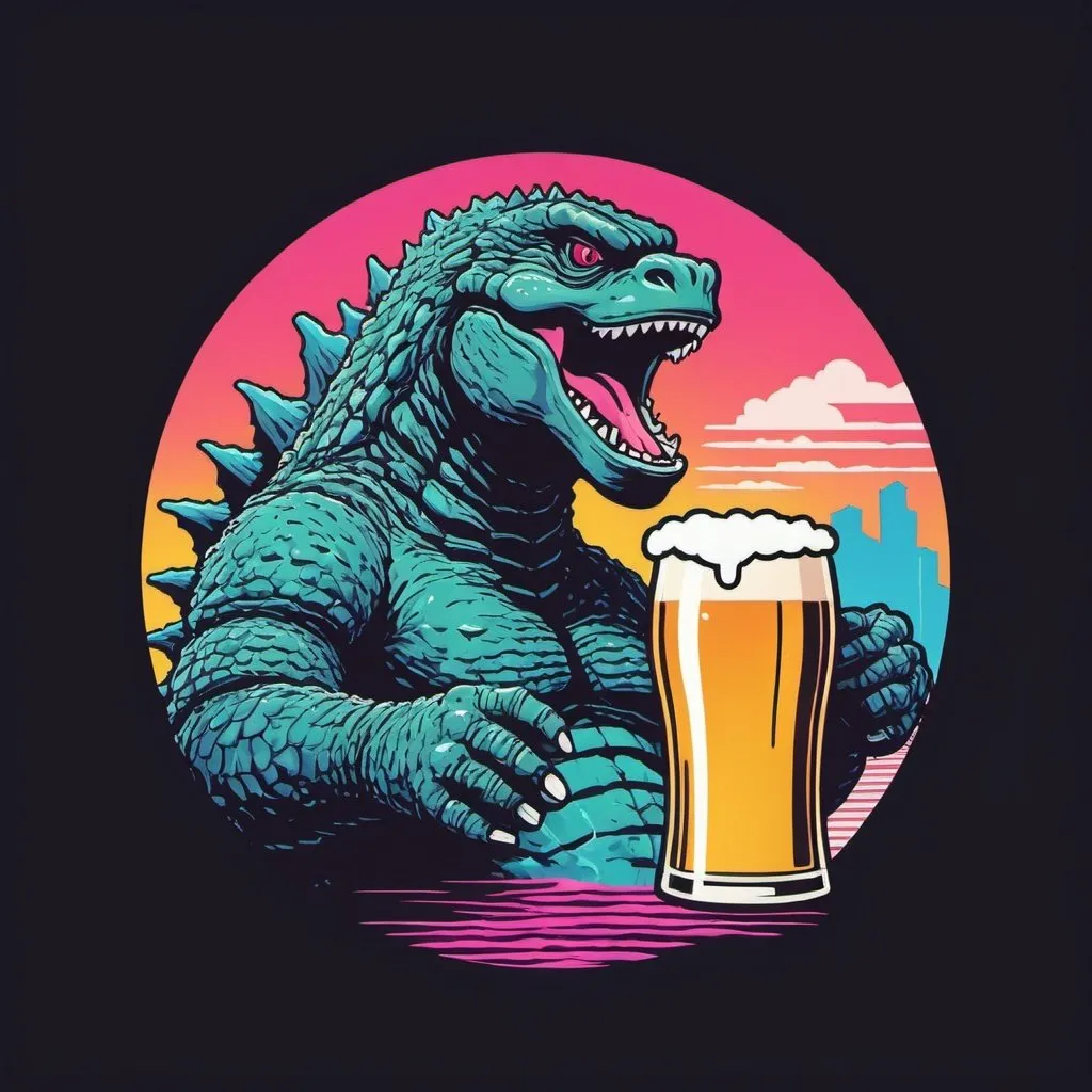 Prompt: 1980s logo design, Godzilla drinking beer, vaporwave, simple