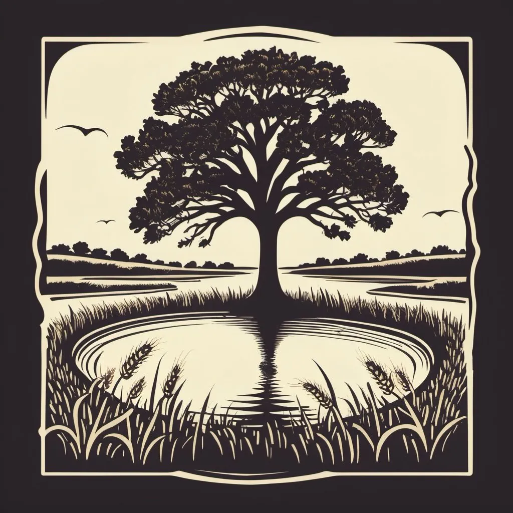 Prompt: Emblem of a Wheat field with an oak tree and small pond in the background, square shaped, in the style of retro graphic design,  kitschy, vintage, retro, simple, wood block print, vector