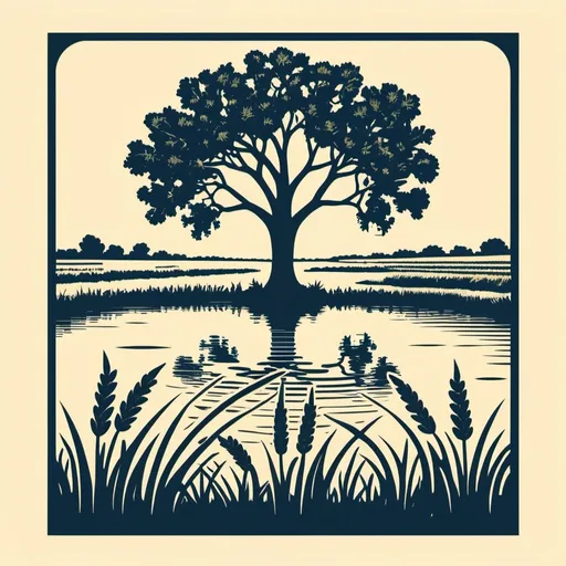 Prompt: Emblem of a Wheat field with an oak tree and small pond in the background, square shaped, in the style of retro graphic design,  kitschy, vintage, retro, simple, wood block print, vector