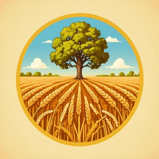 Prompt: Wheat field emblem, oak tree in the background, kitschy vintage retro simple
