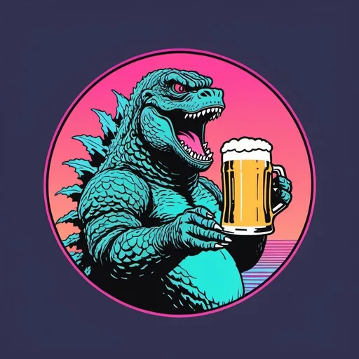 Prompt: 1980s logo design, Godzilla drinking beer, vaporwave, simple