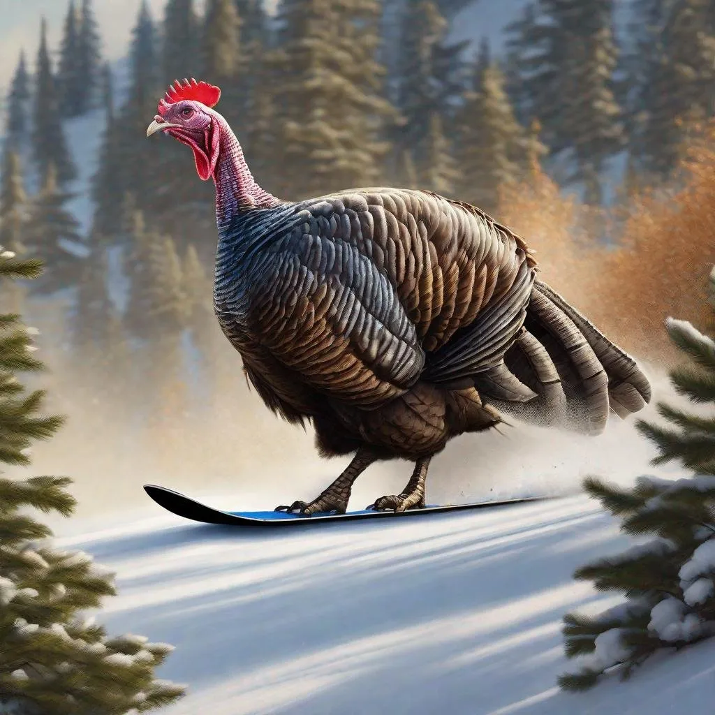 Prompt: Wild turkey on a snowboard going down a hill, photo realism