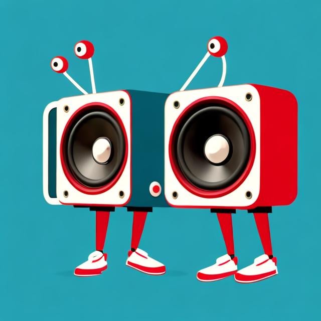 Prompt: a mascot logo of a stereo speaker with legs, simple, vector, kitschy, vintage, retro