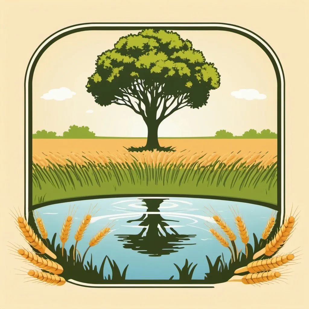 Prompt: Emblem of a Wheat field, oak tree and small pond in the background, square shaped,, simple, vector, kitschy, vintage, retro