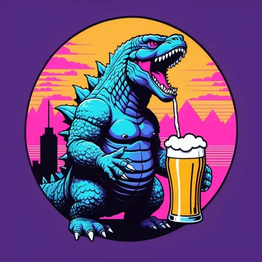 Prompt: 1980s logo design, Godzilla drinking beer, vaporwave, simple