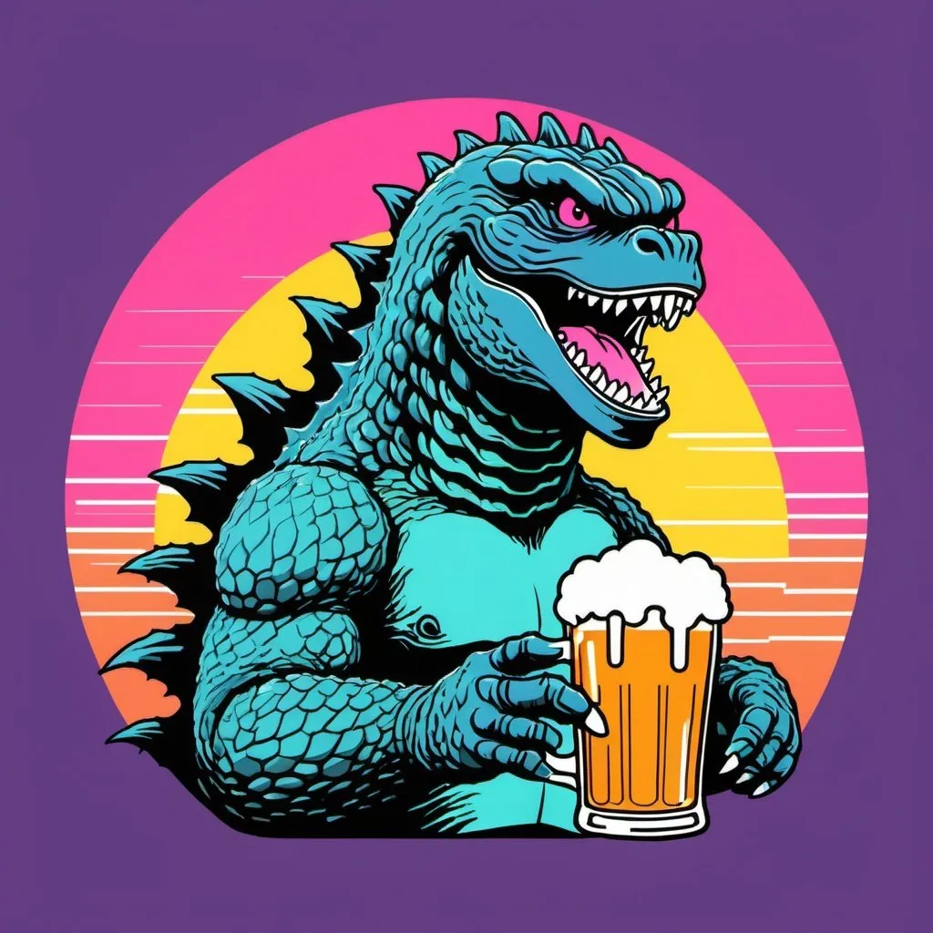 Prompt: 1980s logo design, Godzilla drinking beer, vaporwave, simple