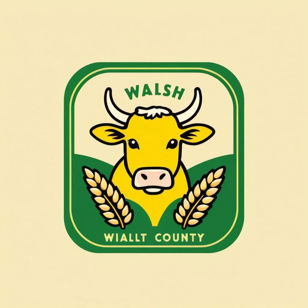 Prompt: Walsh County logo, wheat plant, Cow, square shaped,, simple, vector, kitschy, vintage, retro, Yellow, Green