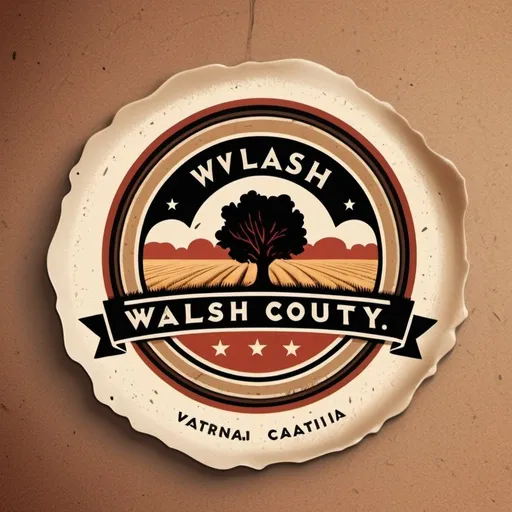 Prompt: Design a retro-themed logo for a fictional national park called 'Walsh County.' Incorporate iconic natural elements such as a wheat field, an oak tree, cows, and Canadian geese along with retro design elements like vintage badges, rustic typography, and weathered textures. Use a color palette inspired by vintage national park posters, with earthy tones and vibrant accents to evoke a sense of adventure and nostalgia for the great outdoors.