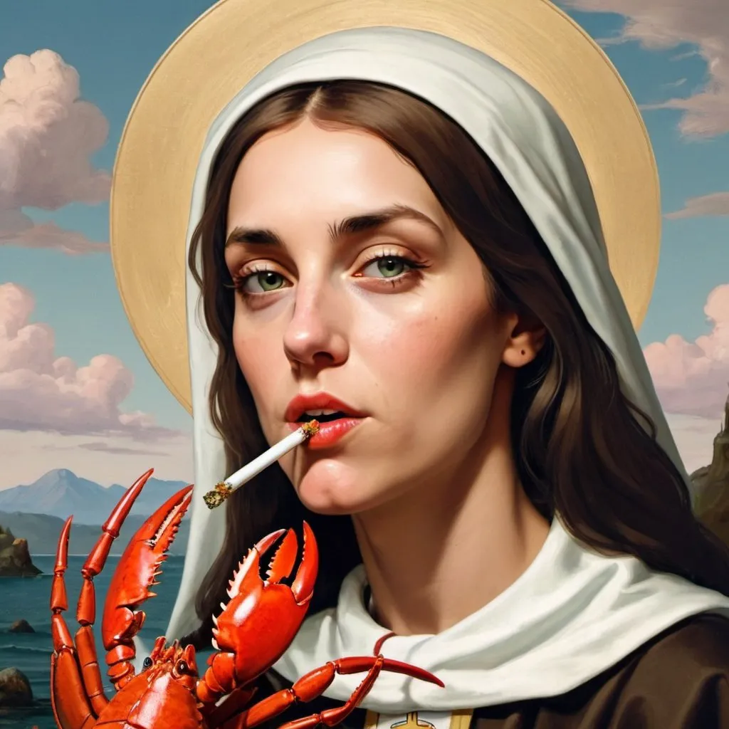 Prompt: saint smoking weed with a lobster on her throat 