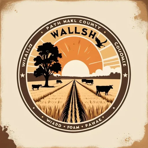 Prompt: Design a retro-themed logo for a fictional national park called 'Walsh County.' Incorporate iconic natural elements such as a wheat field, an oak tree, cows, and Canadian geese along with retro design elements like vintage badges, rustic typography, and weathered textures. Use a color palette inspired by vintage national park posters, with earthy tones and vibrant accents to evoke a sense of adventure and nostalgia for the great outdoors.