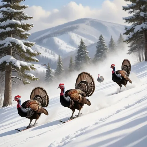 Prompt: Wild turkeys skiing down a hill, photo realism