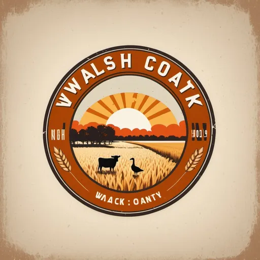 Prompt: Design a retro-themed logo for a fictional national park called 'Walsh County.' Incorporate iconic natural elements such as a wheat field, an oak tree, cows, and Canadian geese along with retro design elements like vintage badges, rustic typography, and weathered textures. Use a color palette inspired by vintage national park posters, with earthy tones and vibrant accents to evoke a sense of adventure and nostalgia for the great outdoors.