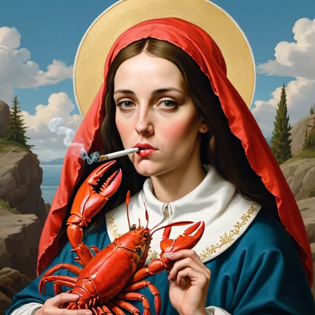 Prompt: saint with a lobster on her throat smoking weed