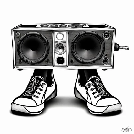 Prompt: Tattoo design of a stereo speaker with cartoon legs and shoes, pen and ink, 