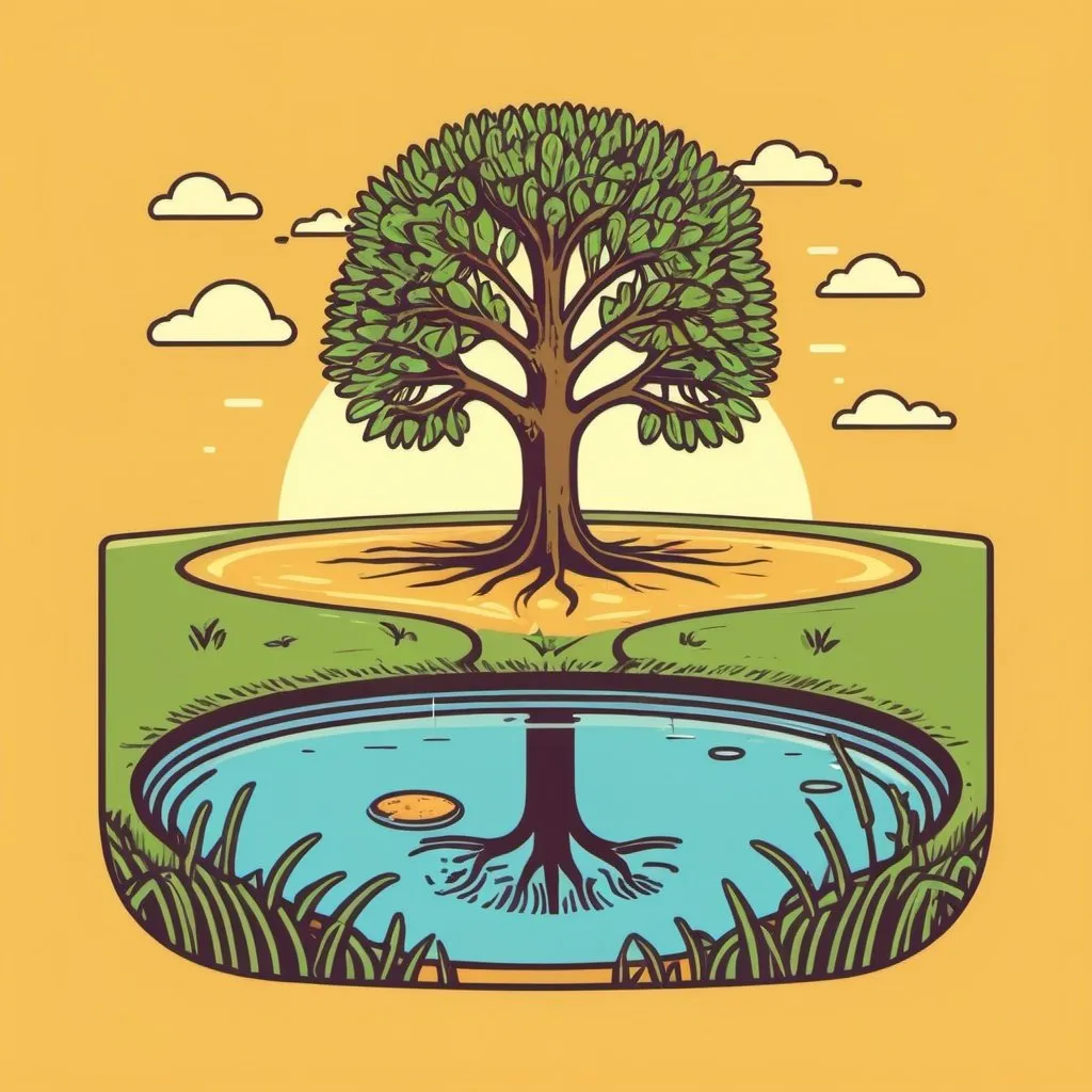 Prompt: Emblem of a Wheat field, oak tree and small pond in the background, square shaped,, simple, vector, kitschy, vintage, retro, in the style of Matt Groening