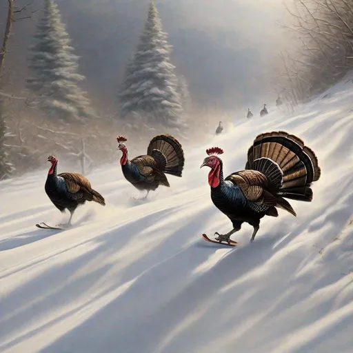 Prompt: Wild turkeys skiing down a hill, photo realism