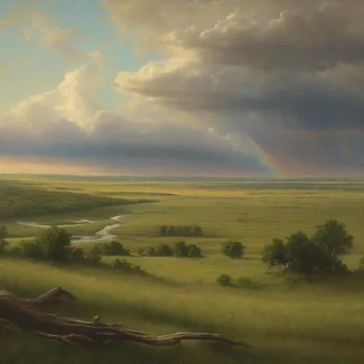 Prompt: Landscape painting of plains in North Dakota, in the style of ALBERT BIERSTADT