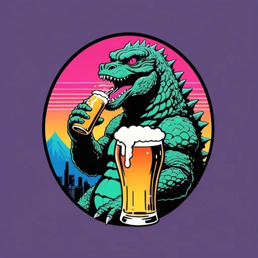 Prompt: 1980s logo design, Godzilla drinking beer, vaporwave, simple