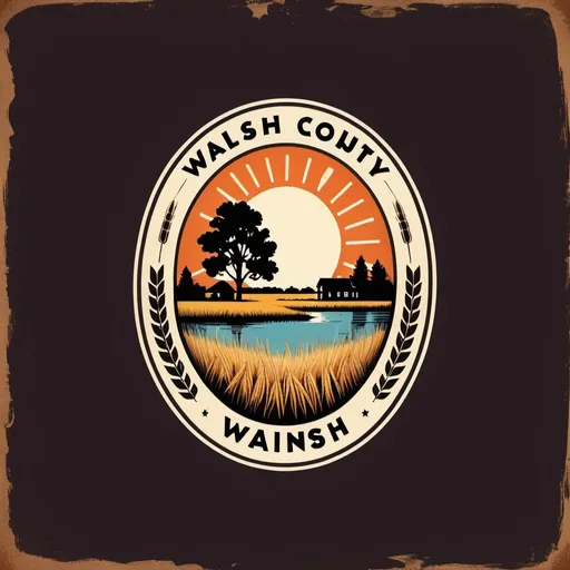 Prompt: Design a retro-themed logo for a fictional national park called 'Walsh County.' Incorporate iconic natural elements such as a wheat field, an oak tree, a pond, cows, and Canadian geese along with retro design elements like vintage badges, rustic typography, and weathered textures. Use a color palette inspired by vintage national park posters, with earthy tones and vibrant accents to evoke a sense of adventure and nostalgia for the great outdoors.