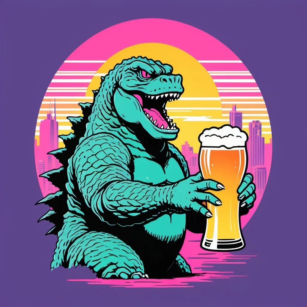 Prompt: 1980s logo design, Godzilla drinking beer, vaporwave, simple