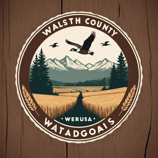 Prompt: Design a retro-themed logo for a fictional national park called 'Walsh County.' Incorporate iconic natural elements such as a wheat field, an oak tree, cows, and Canadian geese along with retro design elements like vintage badges, rustic typography, and weathered textures. Use a color palette inspired by vintage national park posters, with earthy tones and vibrant accents to evoke a sense of adventure and nostalgia for the great outdoors.