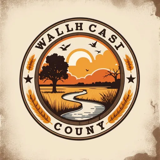 Prompt: Design a retro-themed logo for a fictional national park called 'Walsh County.' Incorporate iconic natural elements such as a wheat field, an oak tree, a pond, cows, and Canadian geese along with retro design elements like vintage badges, rustic typography, and weathered textures. Use a color palette inspired by vintage national park posters, with earthy tones and vibrant accents to evoke a sense of adventure and nostalgia for the great outdoors.