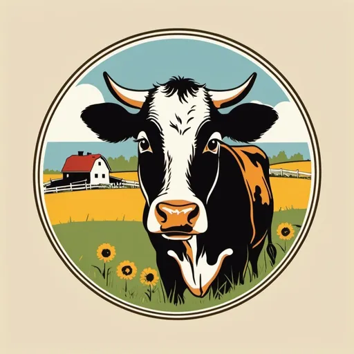 Prompt: diary products emblem with cow in field, kitschy vintage retro simple
