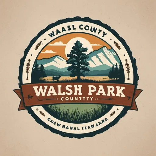 Prompt: Design a retro-themed logo for a fictional national park called 'Walsh County.' Incorporate iconic natural elements such as a wheat field, an oak tree, cows, and Canadian geese along with retro design elements like vintage badges, rustic typography, and weathered textures. Use a color palette inspired by vintage national park posters, with earthy tones and vibrant accents to evoke a sense of adventure and nostalgia for the great outdoors.