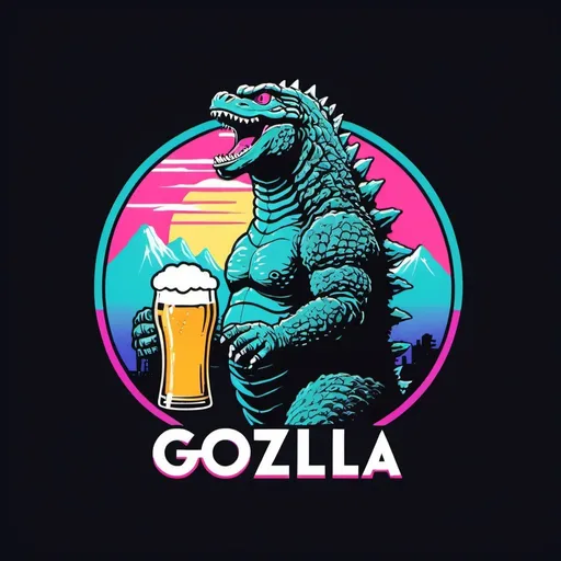 Prompt: 1980s logo design, Godzilla drinking beer, vaporwave, simple