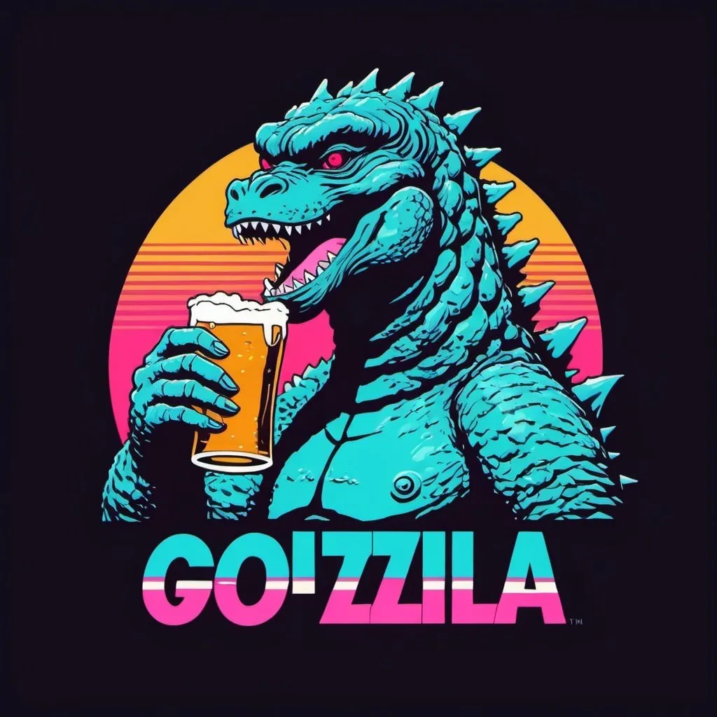 Prompt: 1980s logo design, Godzilla drinking beer, vaporwave, simple